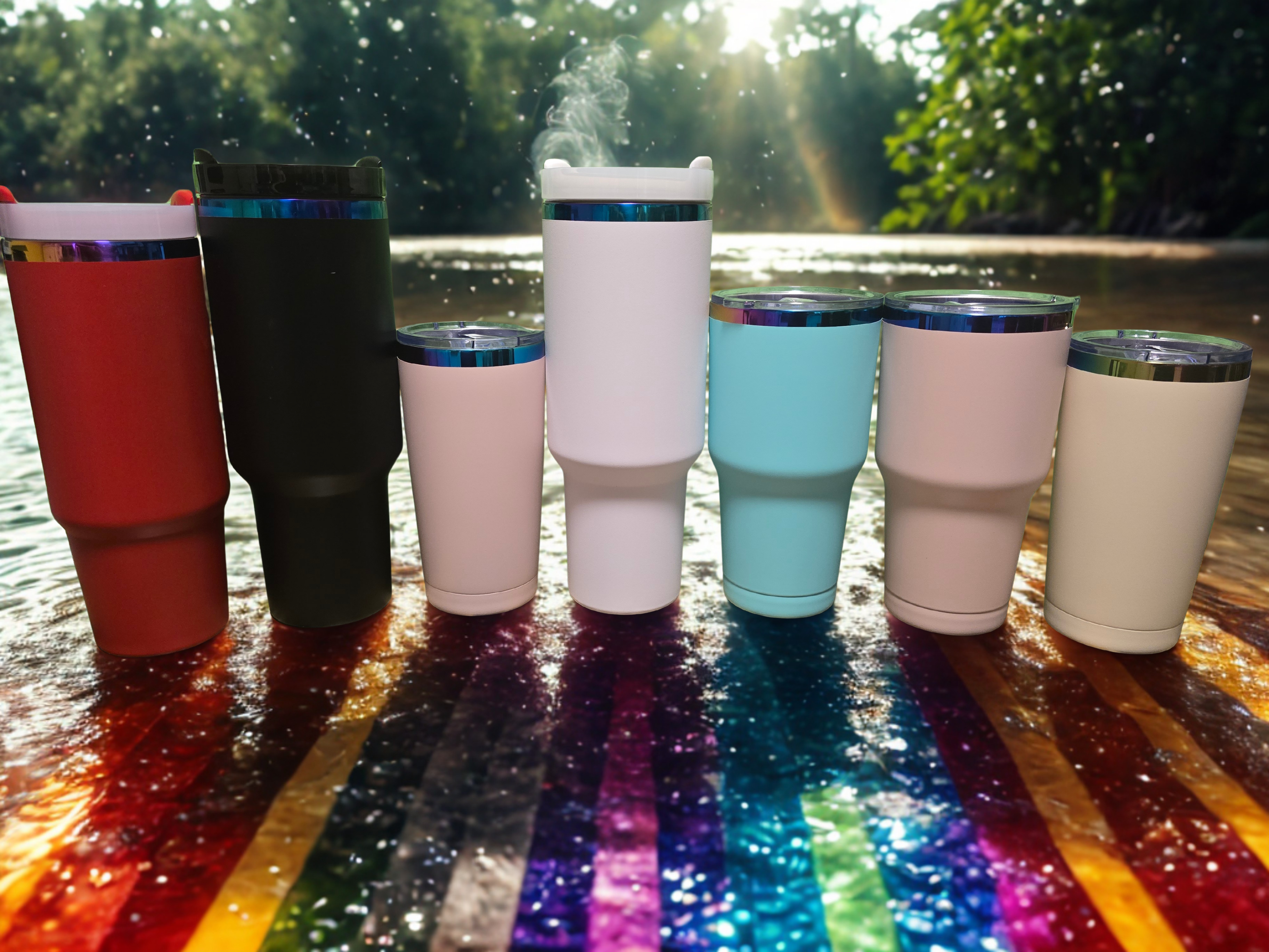 Assorted tumbler styles with rainbow-plated metal finish